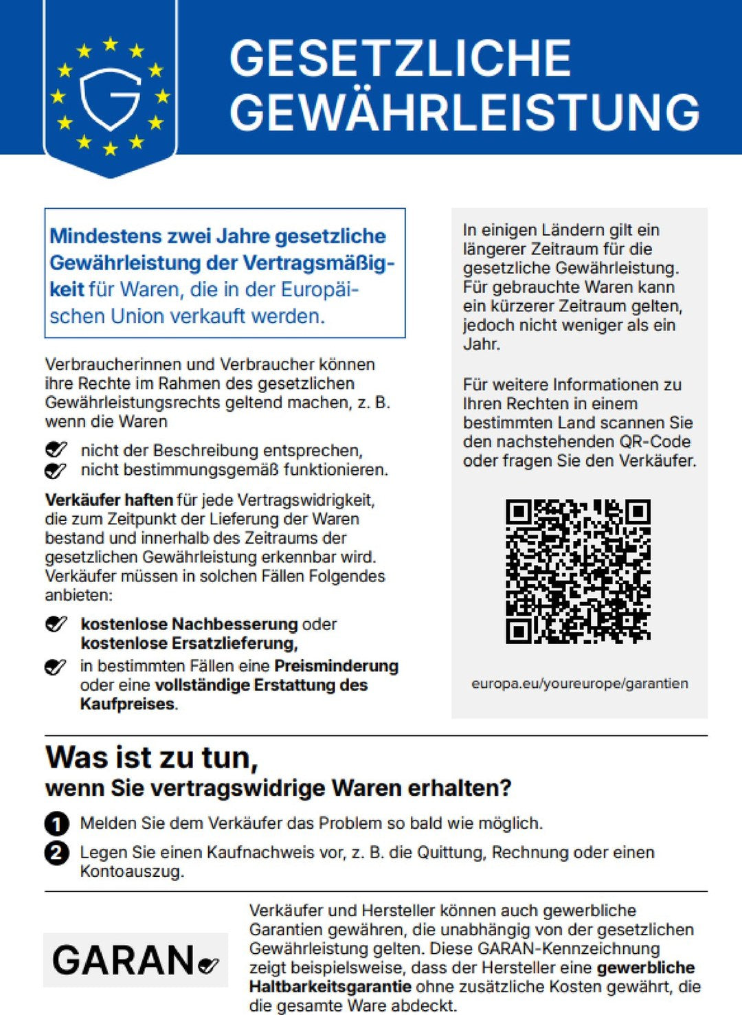Gesetzliches Gewährleistungslabel: mindestens zwei Jahre gesetzliche Gewährleistung für Waren, die in der EU verkauft werden.