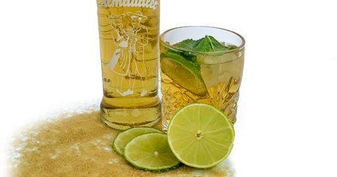 Nahaufnahme des Almdudler-Longdrinks mit Minze, Eis und frischen Limettenscheiben