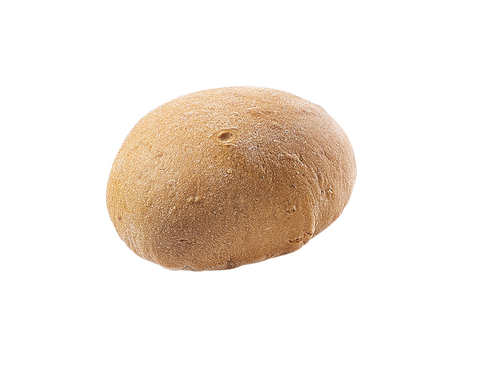 Rundes Knoblauchbrot-Brötchen mit bemehlter, goldbrauner Kruste vor weissem Hintergrund