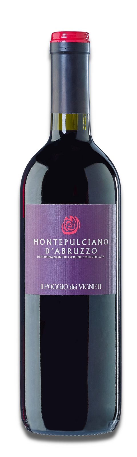 Rotweinflasche Montepulciano d'Abruzzo von il Poggio dei Vigneti mit lila Etikett und rotem Siegel