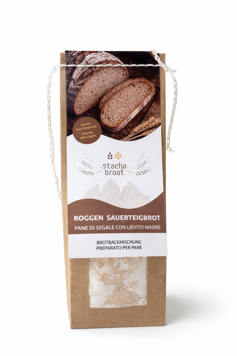 Kraftpapiertüte Roggen-Sauerteigbrot-Backmischung mit Kordel und Brotfoto auf der Banderole