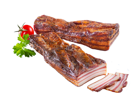 Zwei Stück geräucherter Brettlspeck mit streifiger Fettschicht, Cocktailtomate und Petersilie