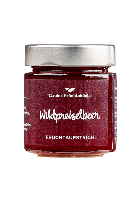 Nahaufnahme des Wildpreiselbeer-Glases mit lesbarem Front- und teilweise sichtbarem Seitenetikett