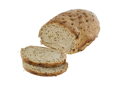 Zwiebel-Schinken-Brot angeschnitten mit zwei Scheiben und körniger Krume voller Saaten